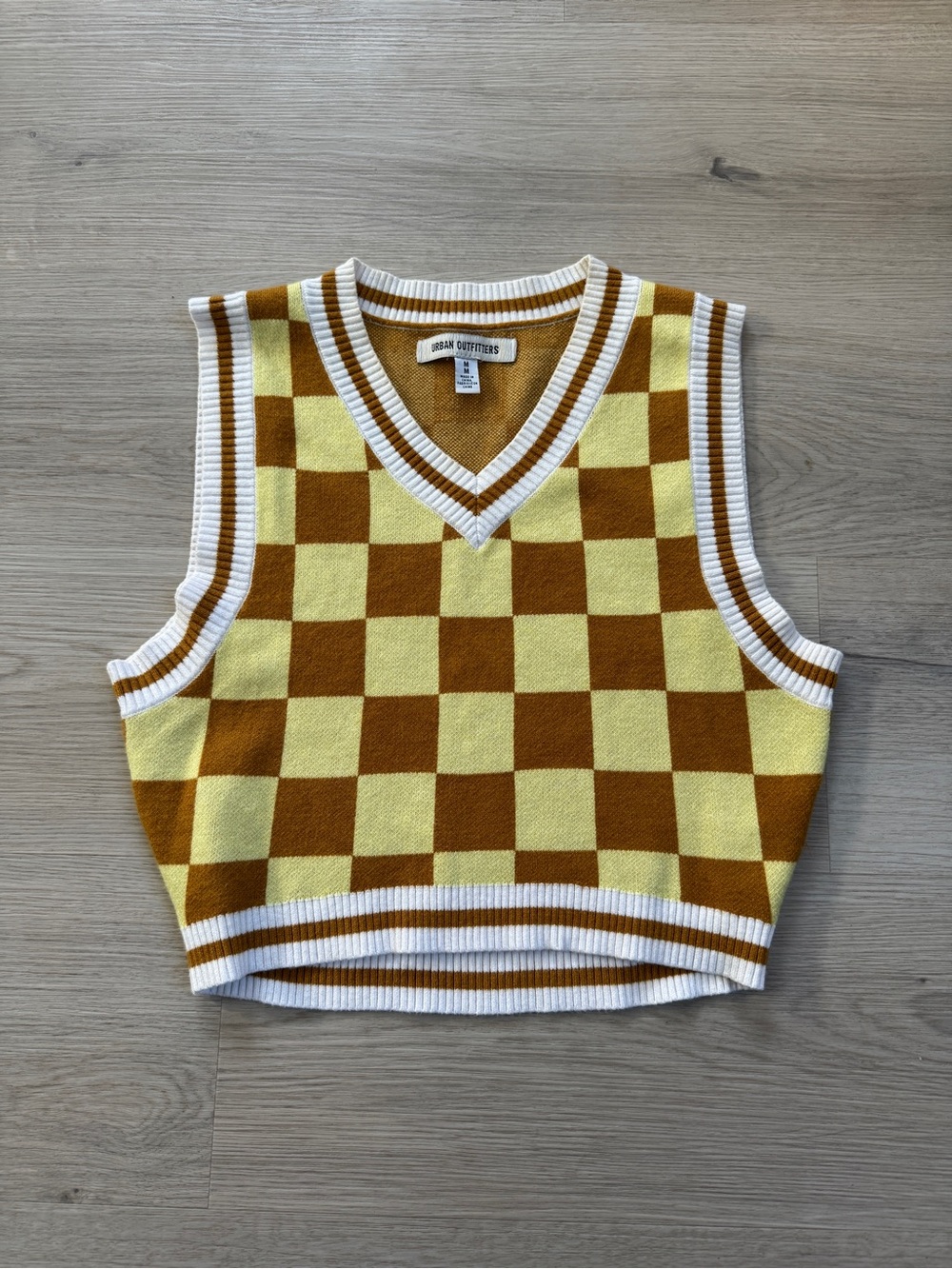 Urban Outfitters Yellow & Brown Checkerboard V-Neck Sweater Vest